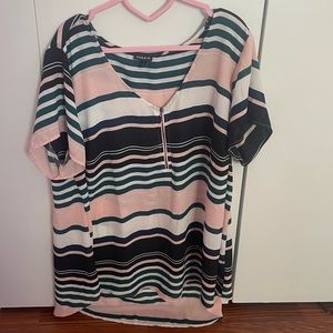 Torrid Black Green Pink And White Striped Zip-Up Shirt